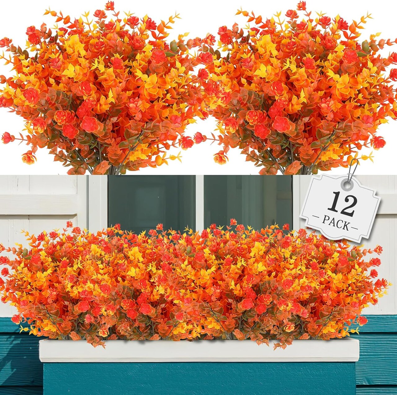 12 Bundles Artificial Fall Flowers (Orange Eucalyptus) 12.4"D x 2.3"W x 3.5"H